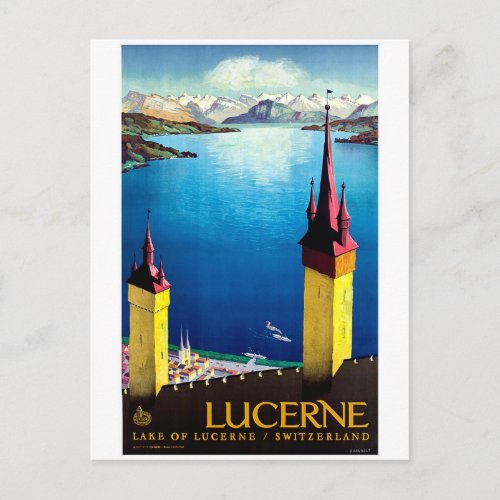Lucerne city towers landscape view on lake postcard