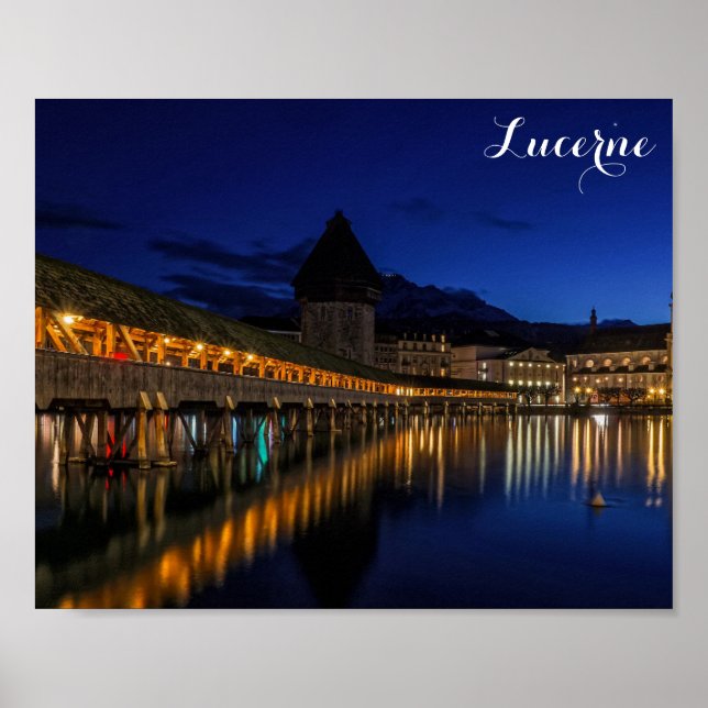 Lucerne Switzerland Chapel Bridge at Night Poster (Front)