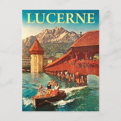 Lucerne Switzerland girls on a boat vintage Postcard