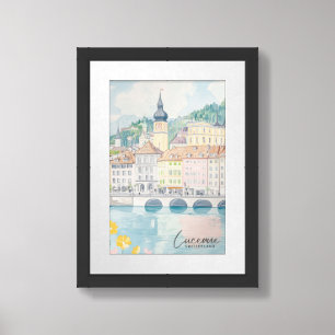 Lucerne Switzerland Gouache Illustration Travel Framed Art
