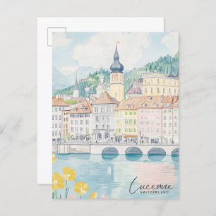 Lucerne Switzerland Gouache Illustration Travel Postcard