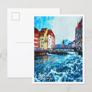 Lucerne Switzerland Oil Paint City Landscape Postcard