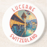 Lucerne Switzerland Retro Distressed Circle Coaster<br><div class="desc">Lucerne retro vector travel design. Lucerne,  a compact city in Switzerland known for its preserved medieval architecture,  sits amid snowcapped mountains on Lake Lucerne.</div>