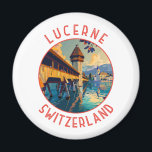 Lucerne Switzerland Retro Distressed Circle Magnet<br><div class="desc">Lucerne retro vector travel design. Lucerne,  a compact city in Switzerland known for its preserved medieval architecture,  sits amid snowcapped mountains on Lake Lucerne.</div>