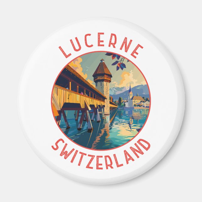 Lucerne Switzerland Retro Distressed Circle Magnet (Front)