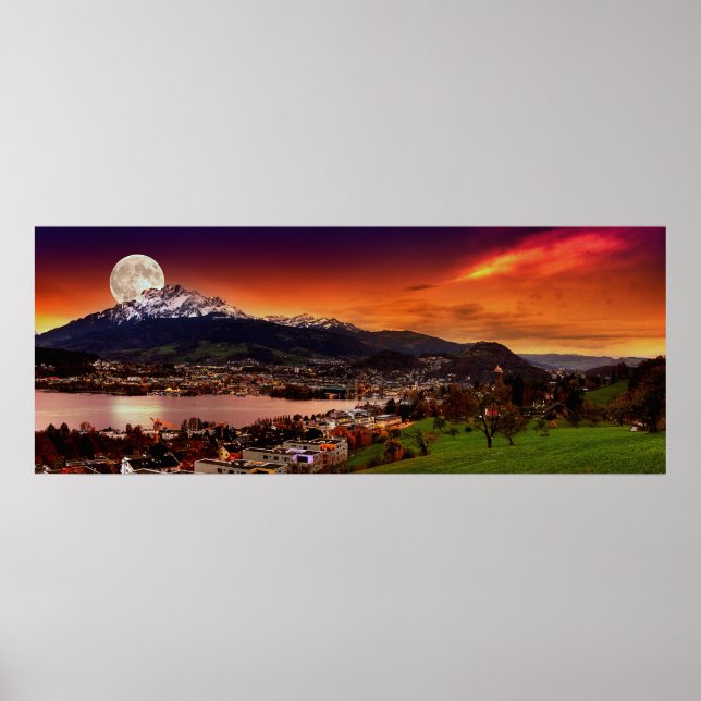 Lucerne Switzerland & the moon over Mount Pilatus Poster (Front)