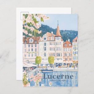 Lucerne Switzerland Watercolor Painting Travel Postcard