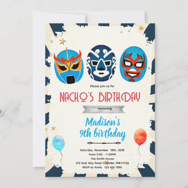 Luchador birthday party invitation (Front)
