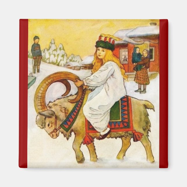 Lucia Riding a Christmas Goat Magnet (Front)
