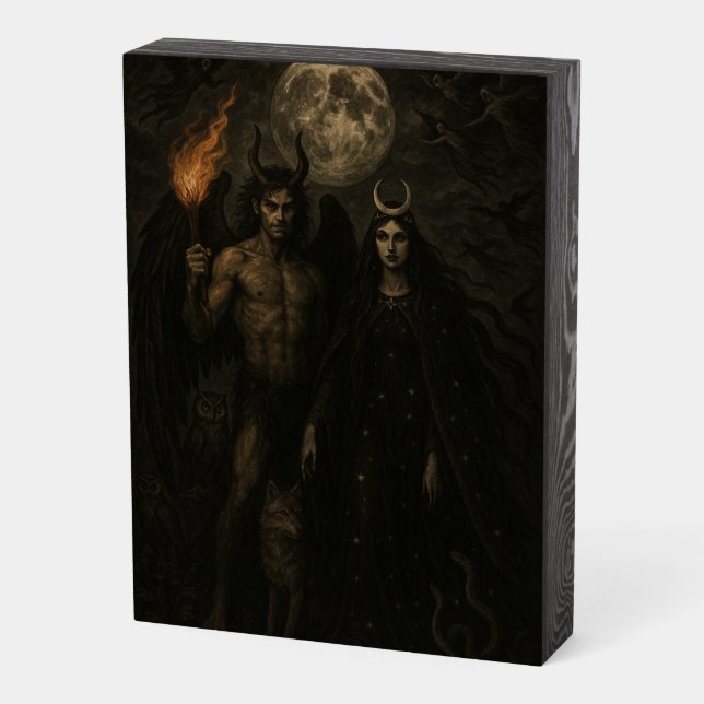 Lucifer and Diana – Witch’s Nocturne Illustration Wooden Box Sign (Angled Vertical)