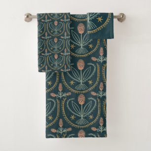 Lucile Floral Botanical Tile Pattern Dark Green Bath Towel Set