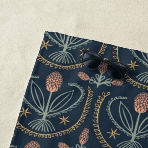 Lucile Hand Drawn Tiles Floral Pattern Navy Beach Towel