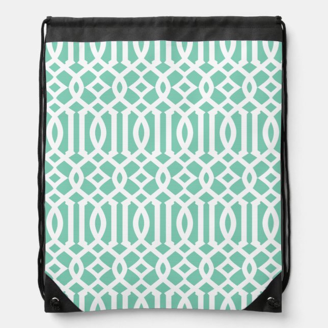 Lucite and White Modern Trellis Pattern Drawstring Bag (Front)