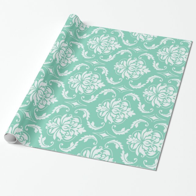 Lucite Green and White Classic Damask Wrapping Paper (Unrolled)