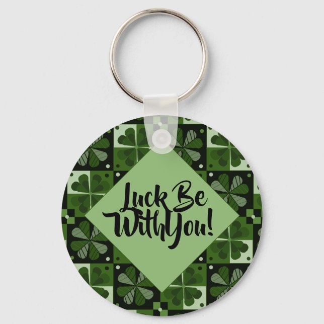 Luck Be With You Shamrock Checkerboard Pattern Keychain (Front)