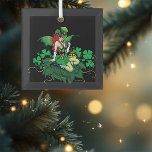 Luck Irish Green Fairy Red Hair Shamrock Glass Ornament