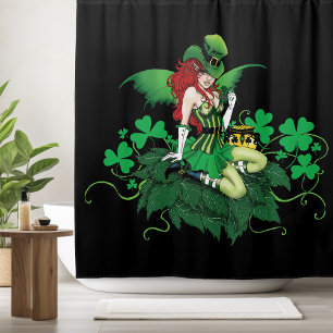 Luck Irish Green Fairy Red Hair Shamrock Shower Curtain