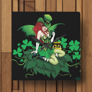 Luck Irish Green Fairy Red Hair Shamrock  Square Wall Clock