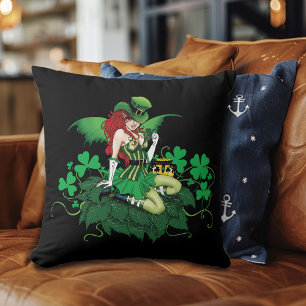 Luck Irish Green Fairy Red Hair Shamrock  Throw Pillow