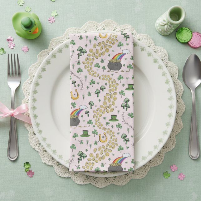 Luck & Joy Coins & Green Shamrocks St Patricks Day Cloth Napkin (Pink Irish Napkins. Shamrock, Clover, Gold Coins, Horseshoe, Pot of Gold St Patrick's Day Pattern)