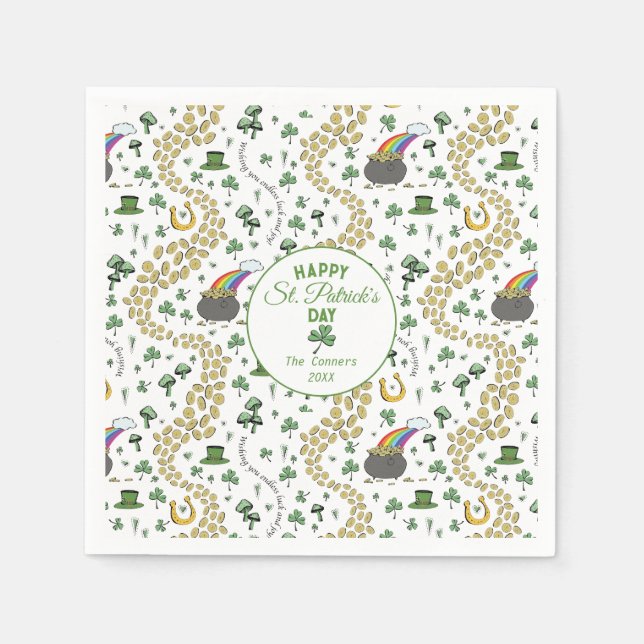 Luck & Joy Coins & Green Shamrocks St Patricks Day Napkins (Front)