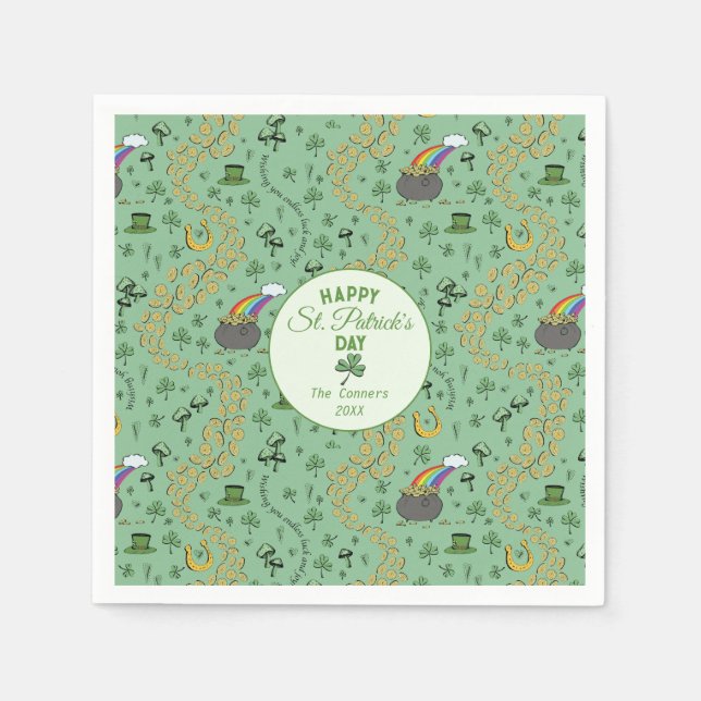 Luck & Joy Coins & Green Shamrocks St Patricks Day Napkins (Front)