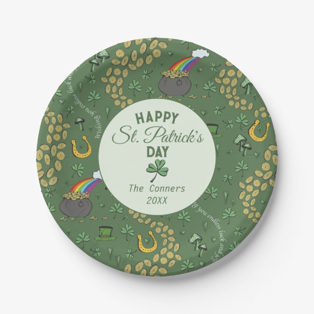 Luck & Joy Coins & Green Shamrocks St Patricks Day Paper Plates (Front)