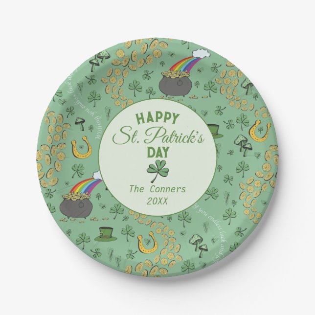Luck & Joy Coins & Green Shamrocks St Patricks Day Paper Plates (Front)
