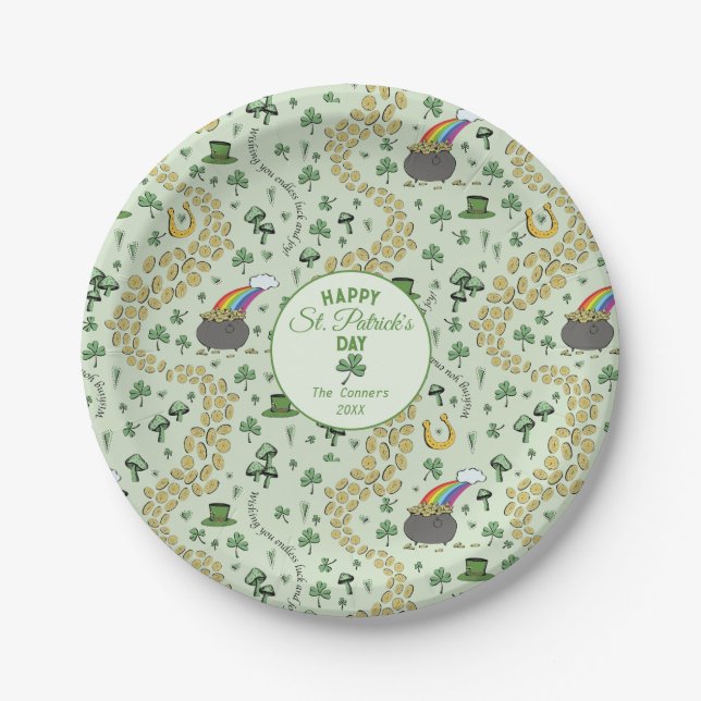 Luck & Joy Coins & Green Shamrocks St Patricks Day Paper Plates (Front)