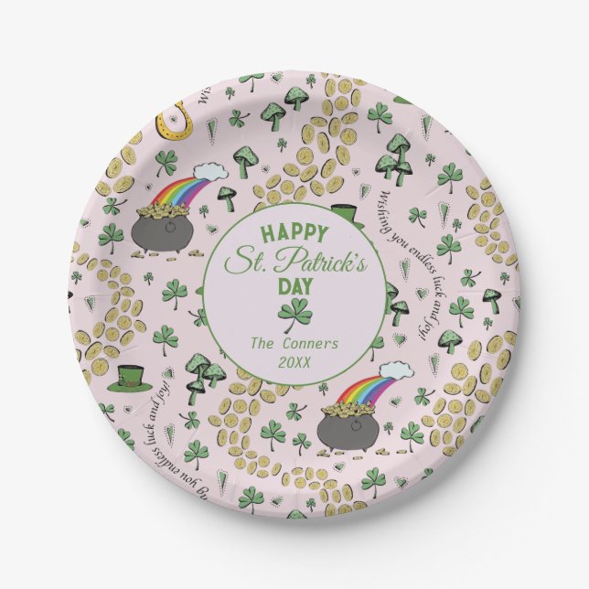 Luck & Joy Green Shamrocks St Patricks Day Paper Plates (Front)