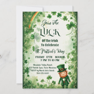Luck Of Irish Shamrocks Rainbow Leprechaun Funky  Invitation
