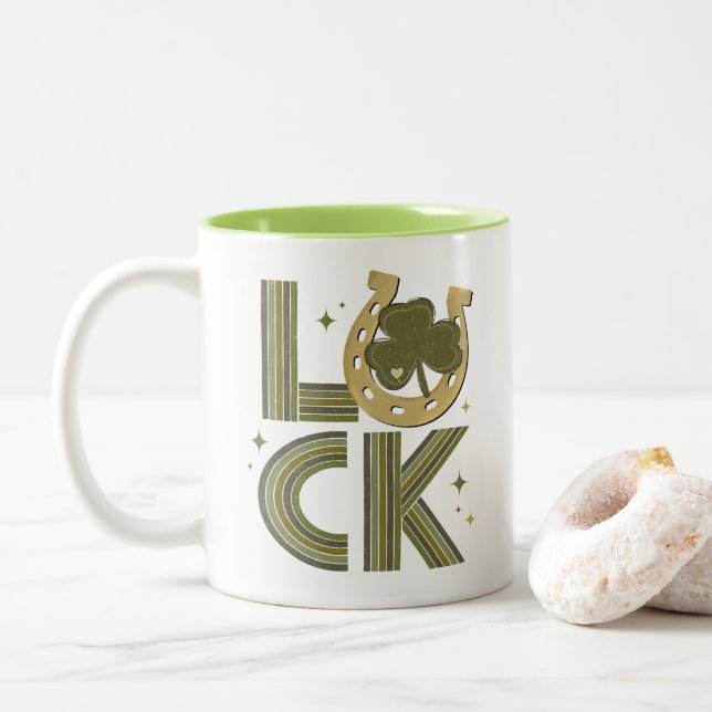 Luck Shamrock Horseshoe St Patrick's Day Irish  Two-Tone Coffee Mug (With Donut)