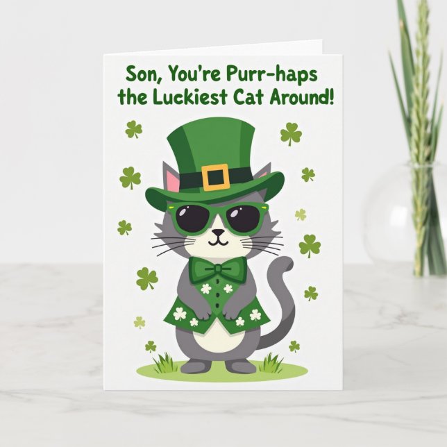 Luckiest Cat Son St Patricks Day Card (Front)