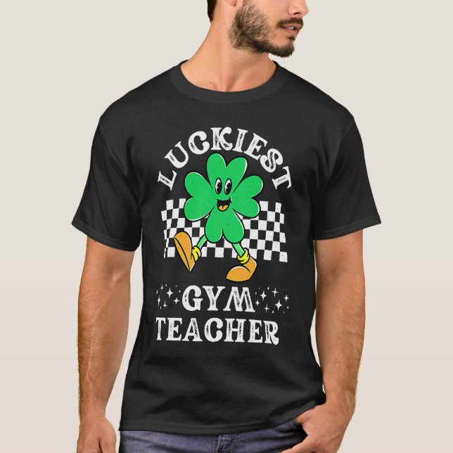 Luckiest Gym Teacher Retro Checkered Shamrock St P T-Shirt (Front)