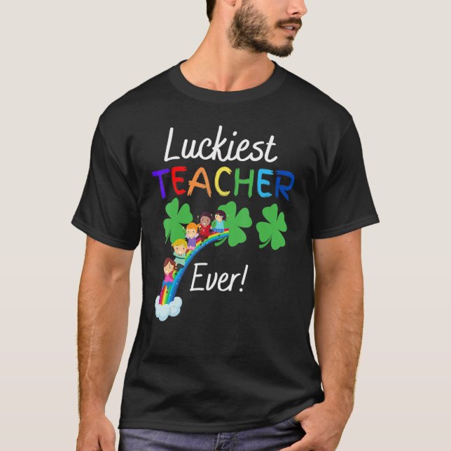 Luckiest Teacher Ever Child Riding Rainbow St Patr T-Shirt (Front)