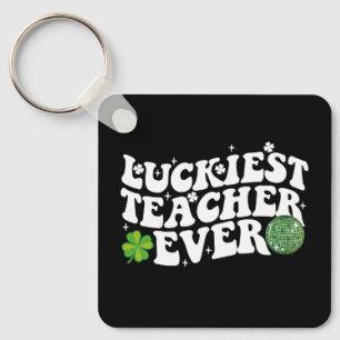 Luckiest Teacher Ever Disco Ball Shamrock Groovy Keychain