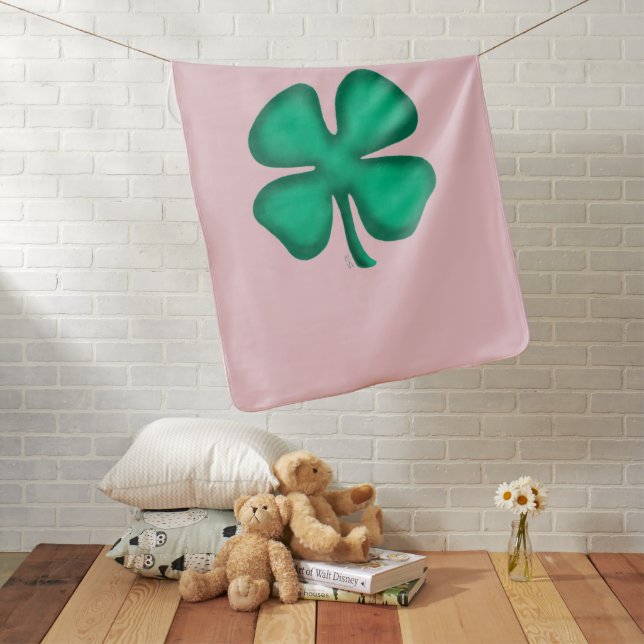 Lucky 4 Leaf Irish Clover baby pink blanket (In Situ)