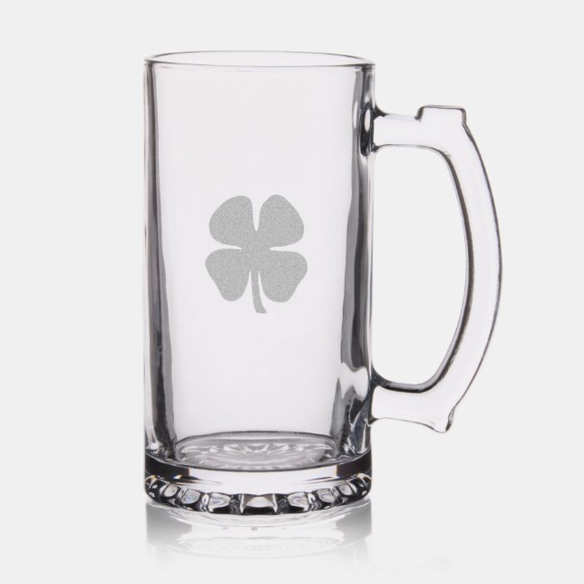 Lucky 4 Leaf Irish Clover etched glass stein (Glassware)