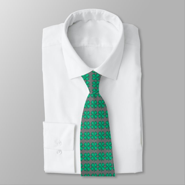 Lucky 4 Leaf Irish Clover gray necktie (Tied)
