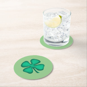 Lucky 4 Leaf Irish Clover green round coasters