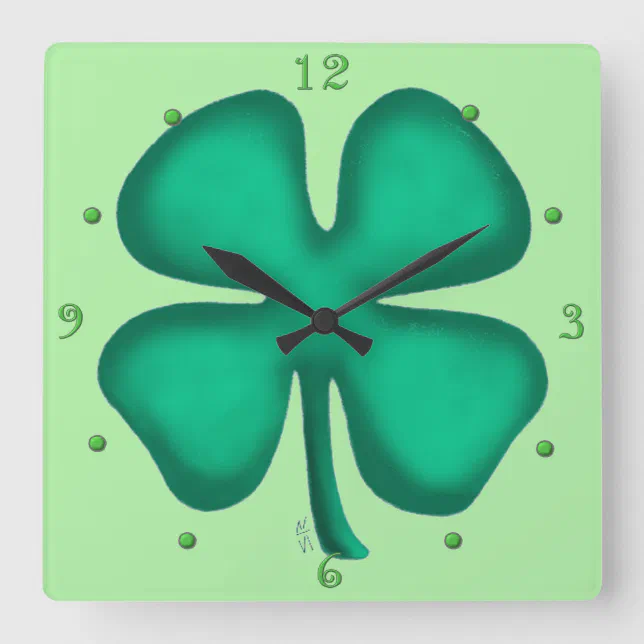 Lucky 4 Leaf Irish Clover green square wall clock | Zazzle