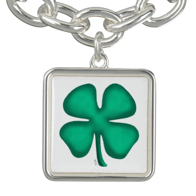 Lucky 4 Leaf Irish Clover silver sq charm bracelet (Design)