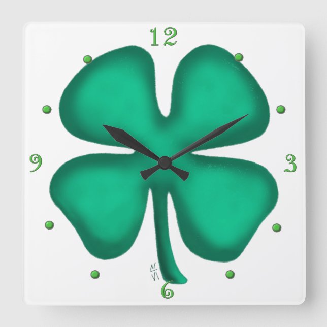 Lucky 4 Leaf Irish Clover square wall clock (Front)