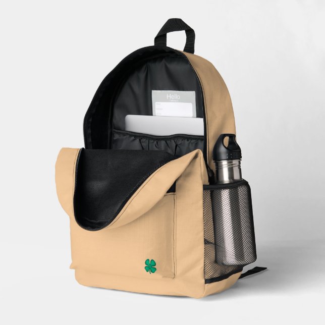 Lucky 4 Leaf Irish Clover tan backpack (Back Corner Right (Open))
