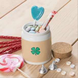Lucky 4 Leaf Irish Clover tan candy jar