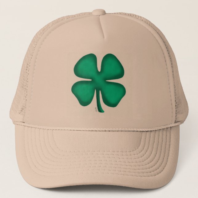 Lucky 4 Leaf Irish Clover tan foam trucker hat (Front)