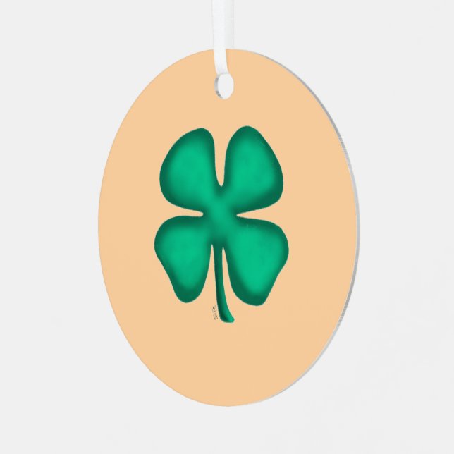 Lucky 4 Leaf Irish Clover tan round metal ornament (Front Left)