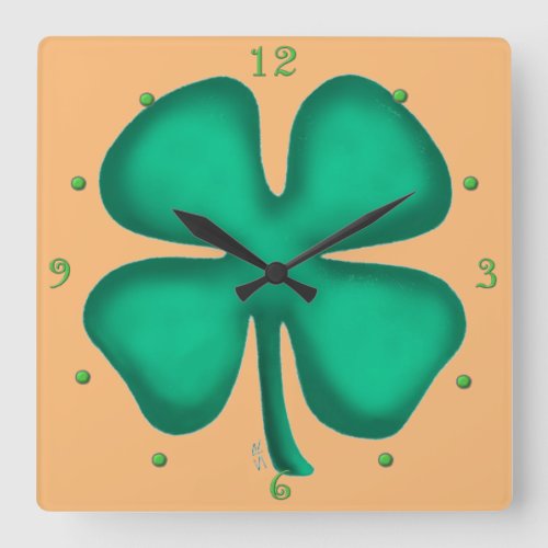 Lucky 4 Leaf Irish Clover tan square wall clock