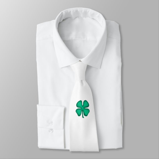 Lucky 4 Leaf Irish Clover white necktie (Tied)