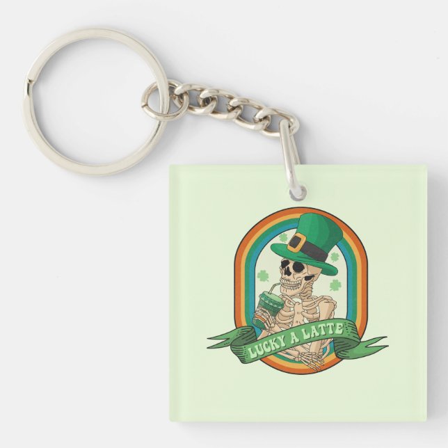 Lucky A Latte - Skeleton, Coffee and Clovers Keychain (Front)